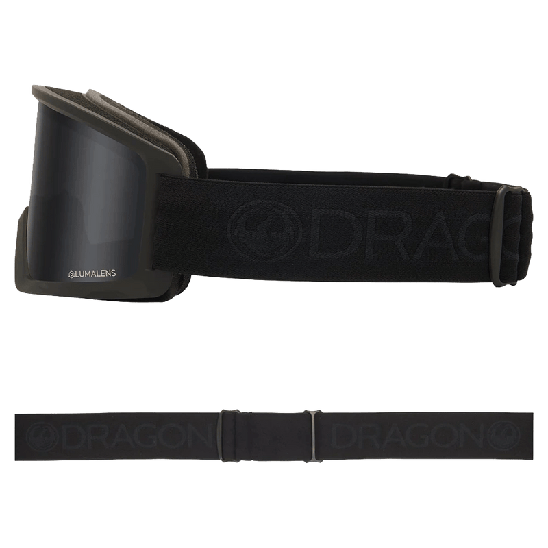 Side view of the Dragon DX3 Goggle in BLACKOUT and DARK SMOKE colourway, unisex's model