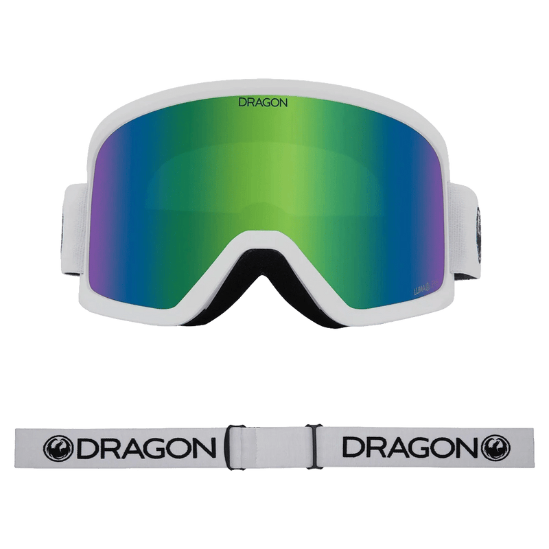 Front view of the Dragon DX3 Goggle in White and GREEN ION colourway, unisex's model