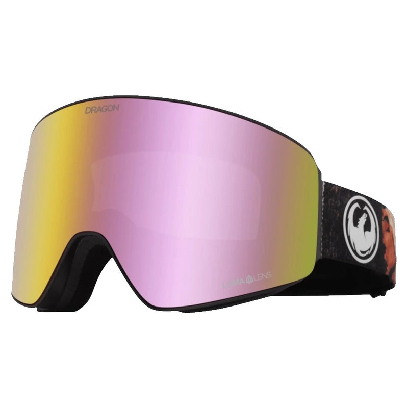 Dragon PXV goggles with a pink and gold iridescent mirrored lens and a black strap with a white circular dragon logo.