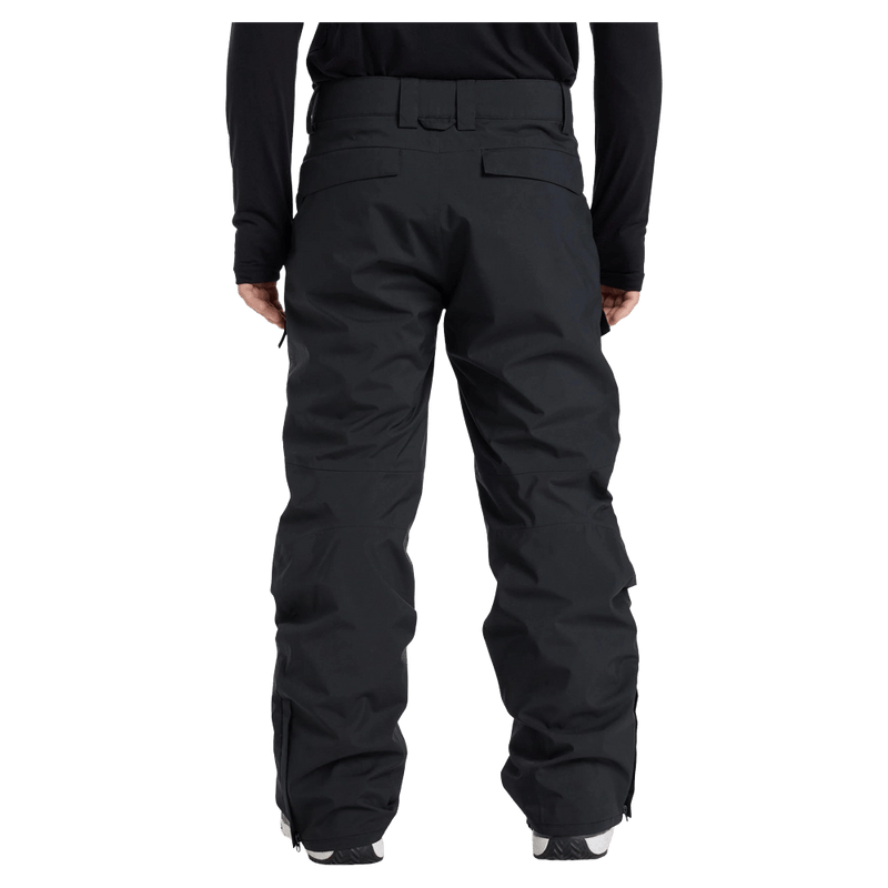Rear view of black Quiksilver Utility Snowboard Pants featuring back flap pockets, belt loops, and ankle zippers.