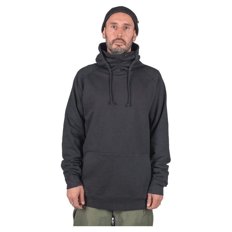 Front view of the Endeavor Ops Organic Hoodie in Black colourway, unisex model