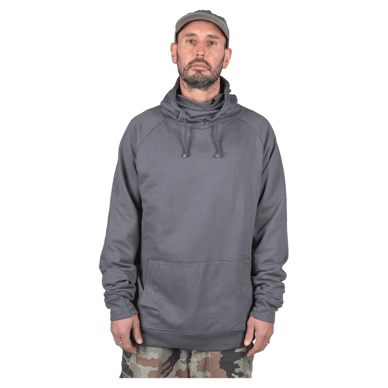 Front view of the Endeavor Ops Organic Hoodie in Charcoal colourway, unisex model