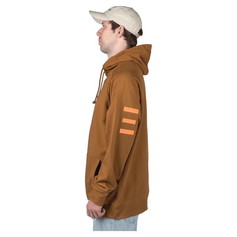 Side view of the Endeavor Ops Organic Hoodie in Clay colourway, unisex model