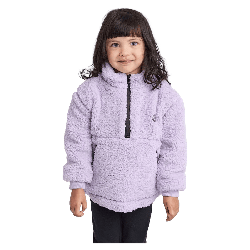 Front view of the Eve Girl Cozy Quarter Zip in Lilac colourway, toddler's model