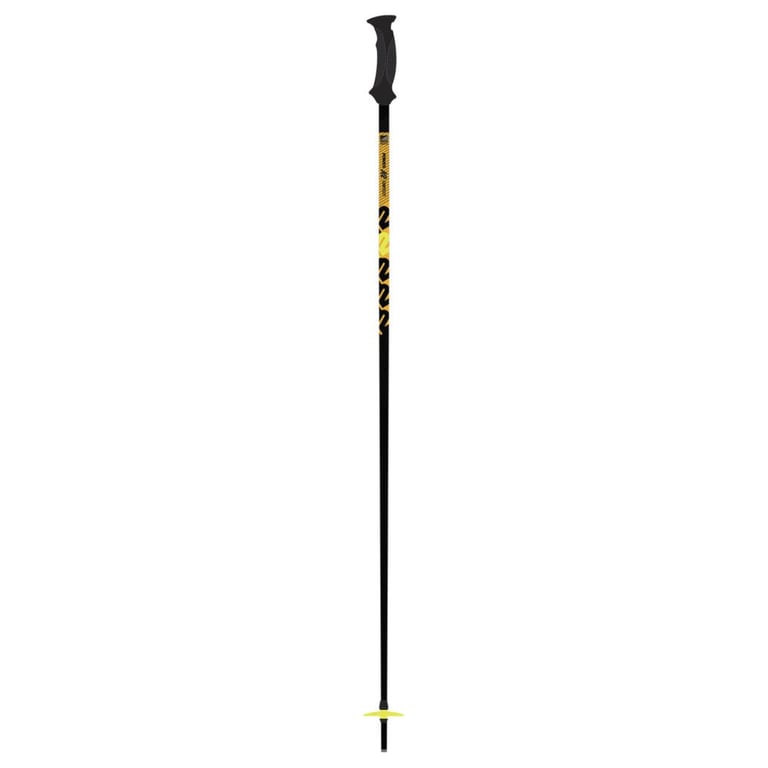 A single K2 power composite ski pole in black and 2 toned yellow with yellow basket and black handle and strap. K2 logo throug out upper pole