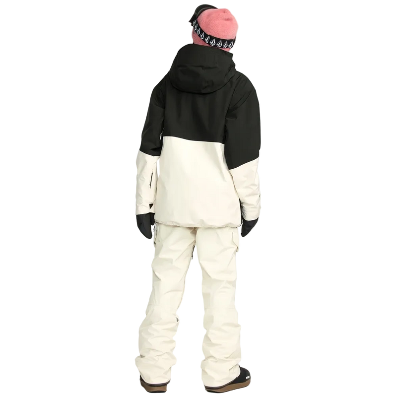 Rear, on body image of the Fern Ins Gore Pullover Snowboard Jacket - Womens in Bone. Featuring contrast black across the shoulders, upper arm, and hood.