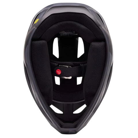 Black camo full face helmet for mountain bike, bottom view.