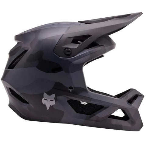 Black camo full face helmet for mountain bike, side angle.