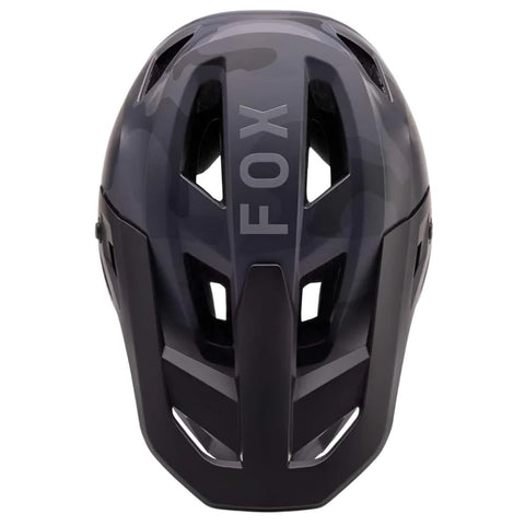 Black camo full face helmet for mountain bike, top view.