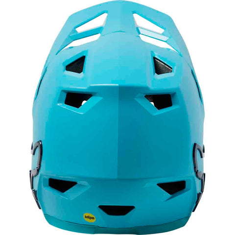 Back of blue full-face mountain bike helmet.