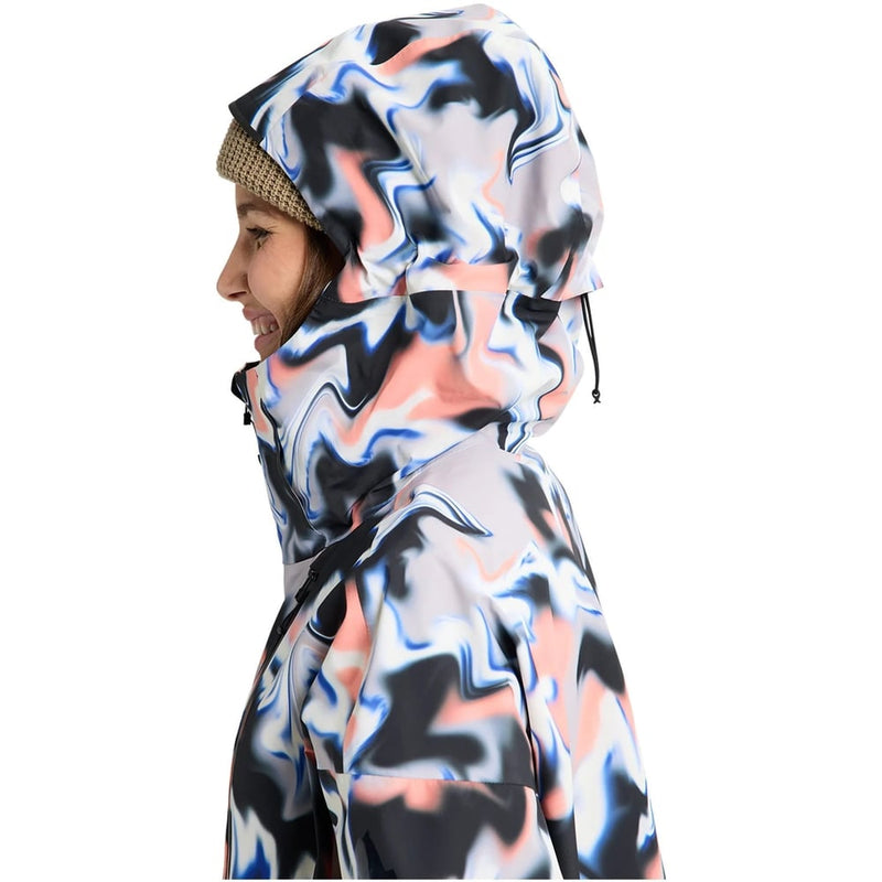 Side profile of a 2025 Burton Futuretrust 3L Snowboard Jacket featuring a blue and peach marble print and high hood.
