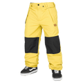 Yellow Volcom Longo Gore-Tex snowboard pants with black knee patches and a small logo patch, front view.