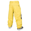 Rear view of yellow Volcom Longo Gore-Tex snowboard pants with back pockets, belt loops, and elasticated ankle cuffs.