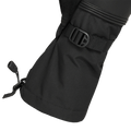 Detail view of the cuffs on the Arashi Guide Gtx Mitts in Black. Featuring a webbed wrist cinch and toggle cuff adjustment.