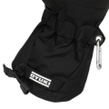 Detail view of the inner cuffs on the Arashi Guide Gtx Mitts in Black. Featuring a tunnelled elastic wrist cinch, toggle cuff adjustment, carabiner loop with silver carabiner, and contrast white logo.