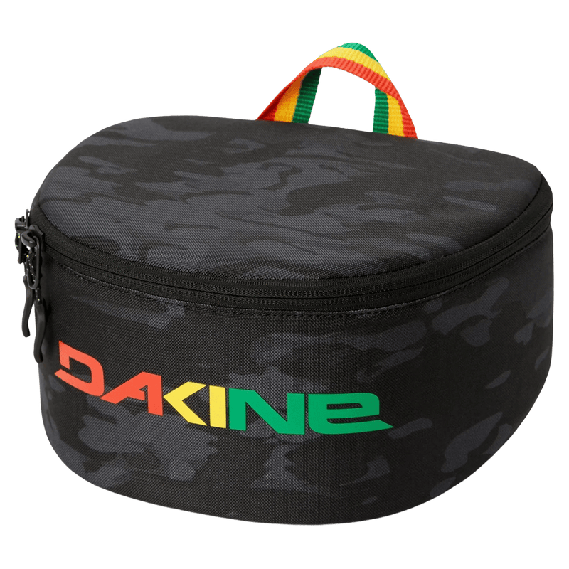 Dakine Goggle Stash case in black camo with a multi-colored logo and striped top handle.