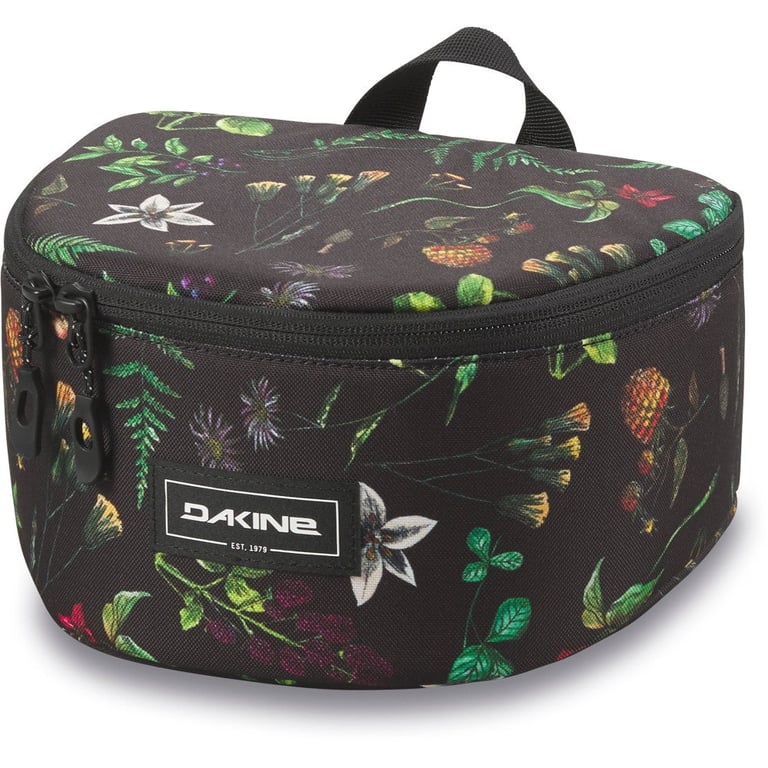 Dakine Goggle Stash padded travel bag with a black botanical floral pattern, zipper closure, and top carry handle.