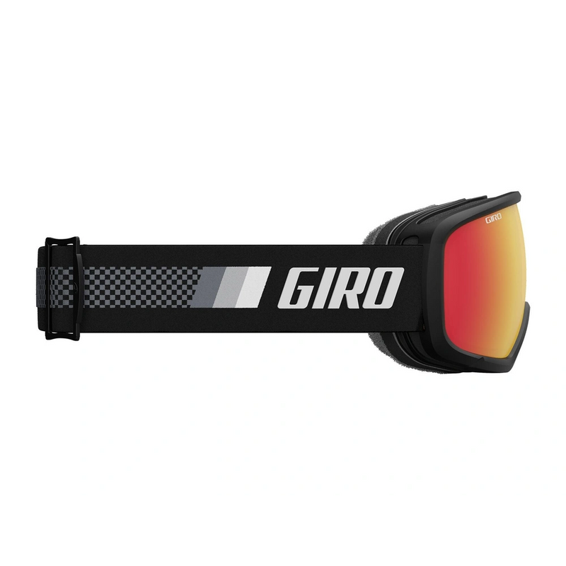 Side view of the Giro Stomp goggle in Black Rokki Ralli colourway with Amber Scarlett lens