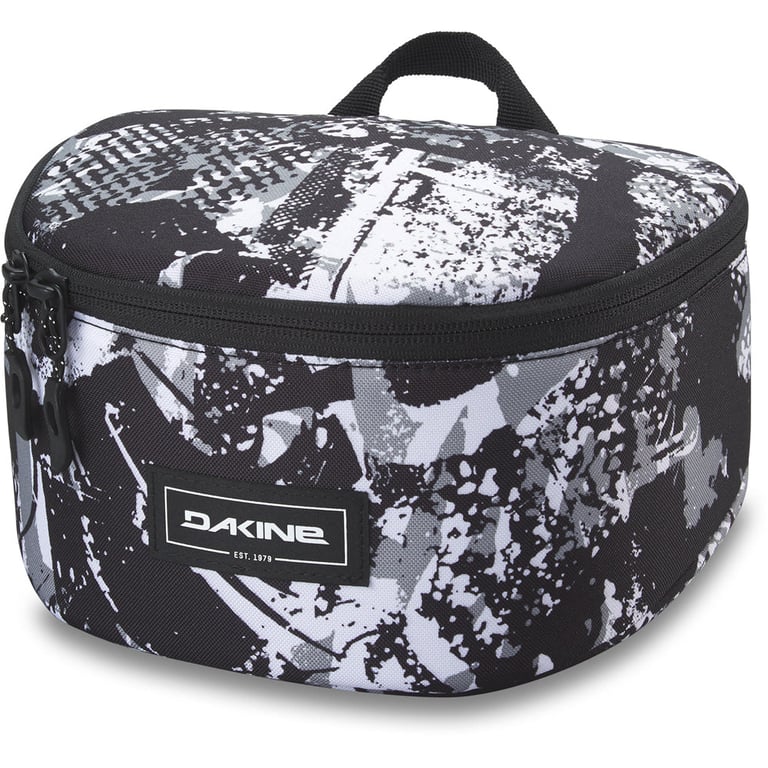 Dakine Goggle Stash bag with black and white abstract splatter pattern, top handle, and front logo patch.