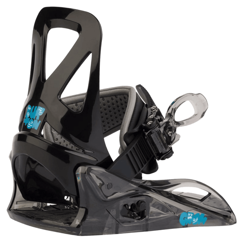 Black Burton Grom Disc kids' snowboard binding with a translucent grey baseplate, single strap, and blue logo.