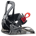 Black and translucent grey Burton Grom kids snowboard binding featuring a single strap and oversized red buckle.