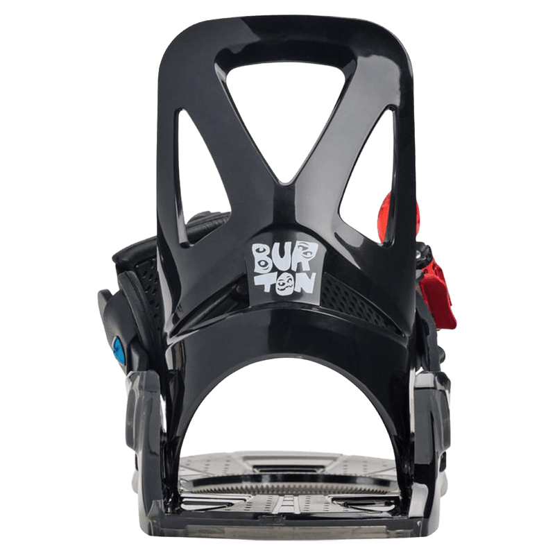 Rear view of a black Burton Grom kids snowboard binding featuring a cutout highback with a white logo and red buckle.