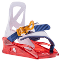 Burton Grom Disc kids snowboard binding with translucent red base, white highback, and blue strap with orange buckle.