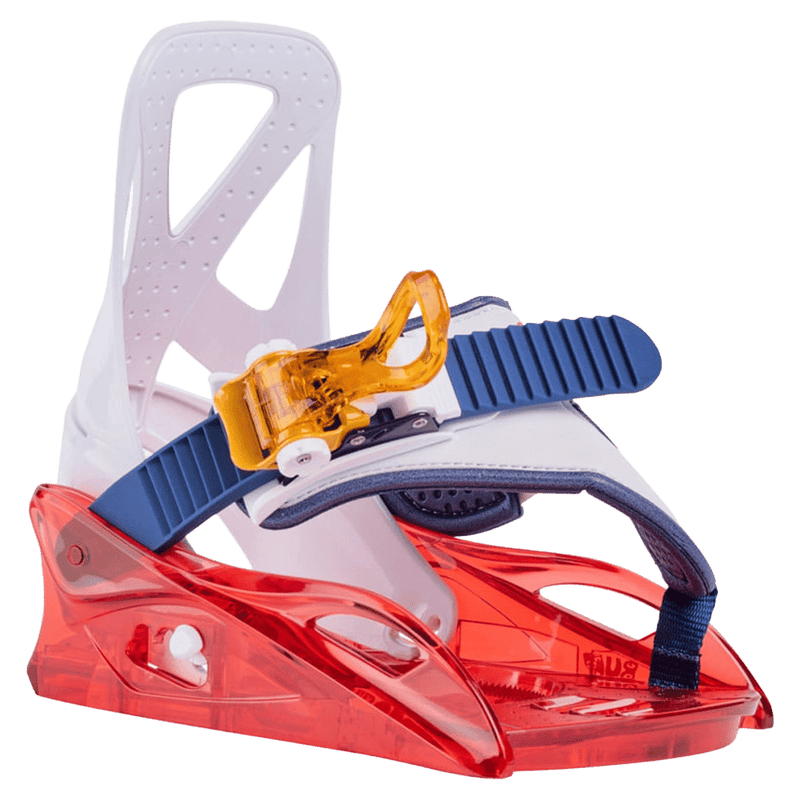 Burton Grom Disc kids snowboard binding with translucent red base, white highback, and blue strap with orange buckle.