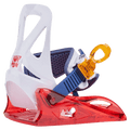 Burton Grom Disc kids snowboard binding with white highback, red translucent baseplate, blue strap, and orange buckle.