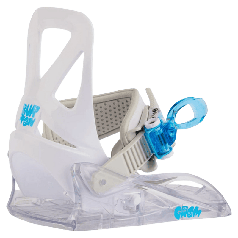 White Burton Grom kids snowboard binding with a clear baseplate, single grey strap, and blue translucent buckle.