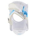 Burton Grom kids' snowboard binding featuring a clear plastic frame, white ankle strap, and blue translucent buckle.