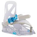 Burton Grom kids snowboard binding featuring a clear baseplate, white highback, and single strap with a blue buckle.