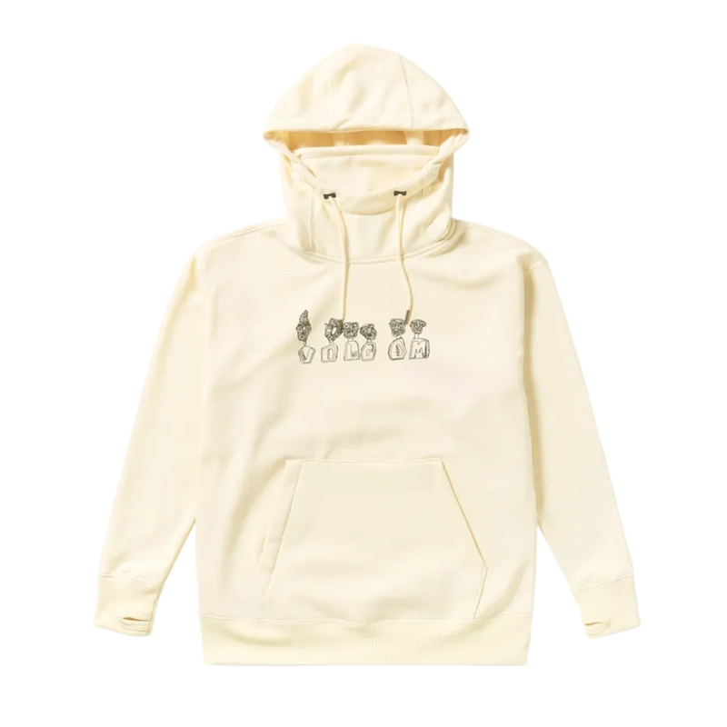 Front product image of the Riding Hydro Pullover - Womens in Bone. Features a hood with adjustable drawstrings, high collar neckline, a kangaroo pocket and contrast black branded print across chest.