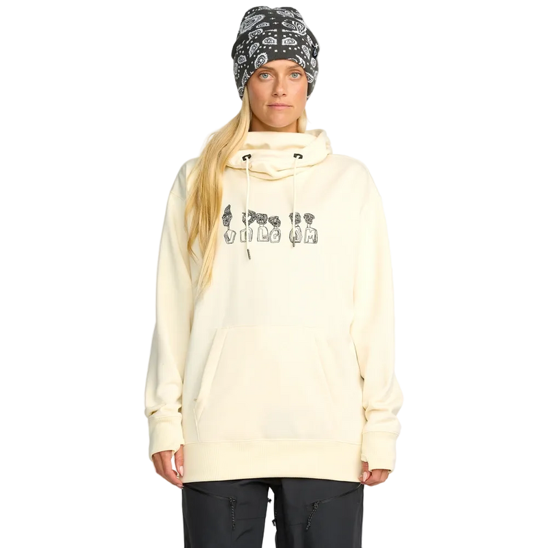 Front on body image of the Riding Hydro Pullover - Womens in Bone. Features a hood with adjustable drawstrings, high collar neckline, a kangaroo pocket, long sleeves with thumb hole opening, and contrast black branded print across chest.