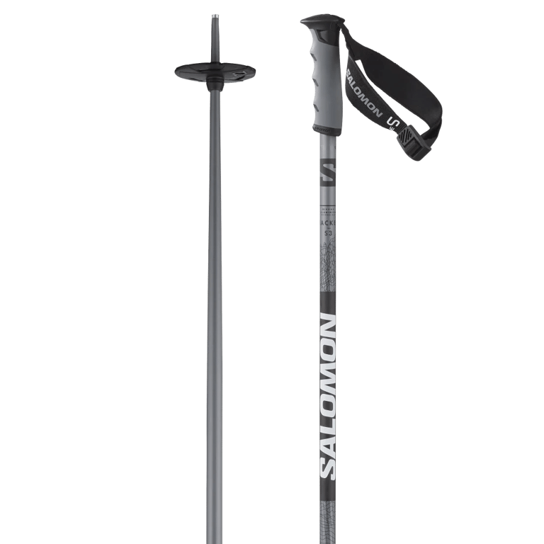 Salomon Hacker S3 ski pole in black and grey with ergonomic grips, branded straps, and powder baskets.