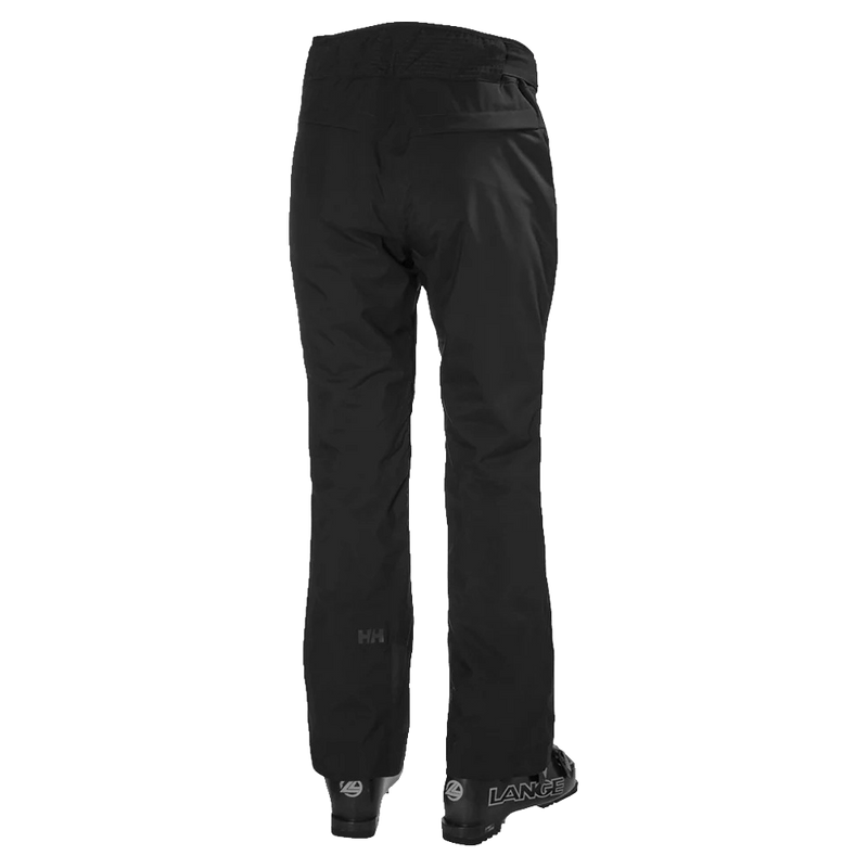 Rear view of black Helly Hansen Legendary Insulated Ski Pants for women with back pocket and HH logo on the leg.