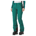 Teal Helly Hansen women's Legendary Insulated Ski Pants with zippered pockets and reinforced cuffs, shown on a model.