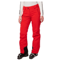 Women's red Helly Hansen Legendary insulated ski pants with front zip, side pockets, and black scuff guards.