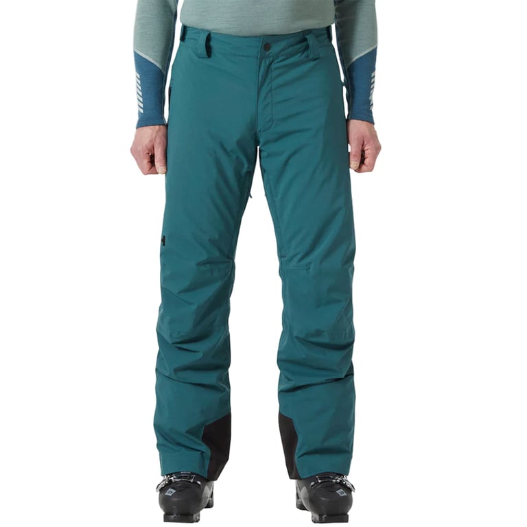 Teal Helly Hansen Legendary Insulated Ski Pants featuring reinforced black ankle patches and articulated knees.