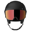 Salomon Driver Pro Sigma Photo MIPS matte black ski helmet with integrated red mirrored visor, front view.