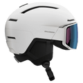 White Salomon Driver Pro Sigma Photo MIPS ski helmet with integrated blue visor and black vents, side profile.