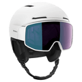 White Salomon Driver Pro Sigma Photo MIPS ski helmet with integrated purple visor and black chin strap.
