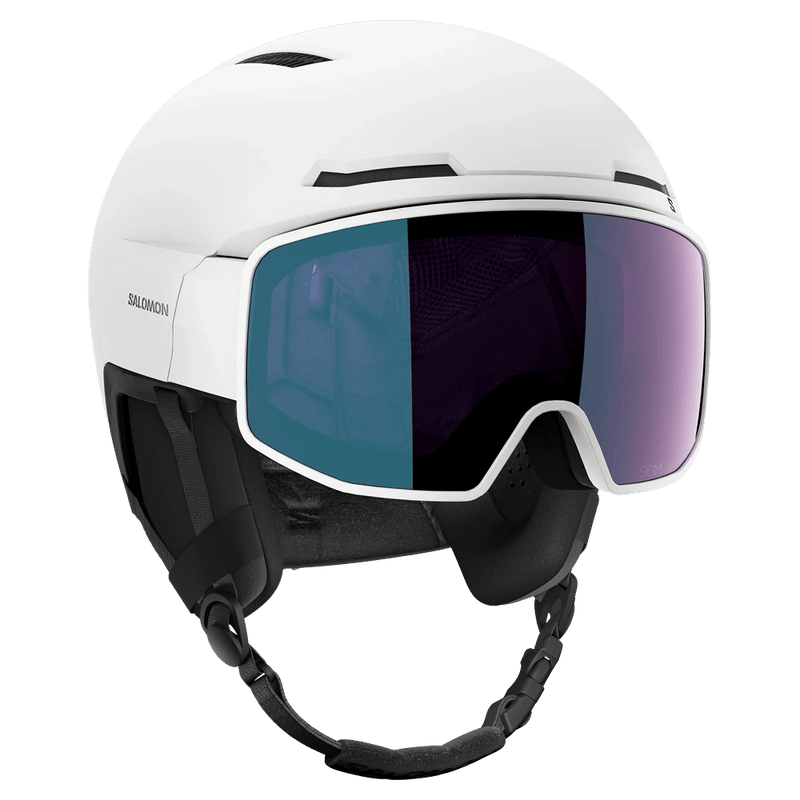 White Salomon Driver Pro Sigma Photo MIPS ski helmet with integrated purple visor and black chin strap.