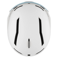 Top view of a white Salomon Driver Pro Sigma Photo MIPS ski helmet with black ventilation slots and integrated blue visor.
