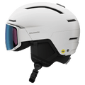 White Salomon Driver Pro Sigma Photo MIPS ski helmet with integrated blue visor and black ear pads, side profile.