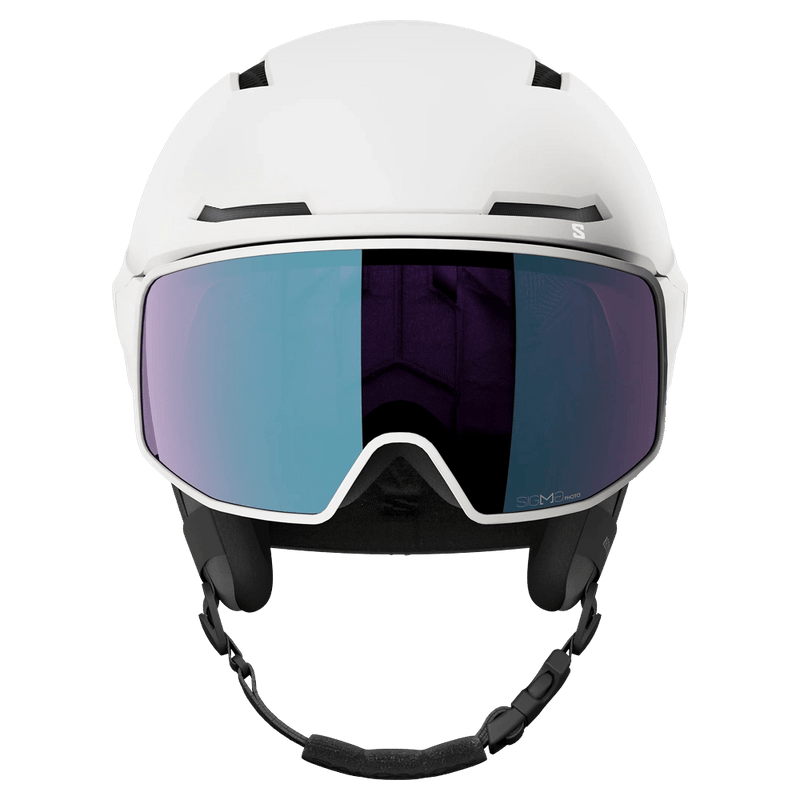 White Salomon Driver Pro Sigma Photo MIPS helmet with integrated blue mirrored visor and black chin strap, front view.