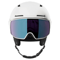 White Salomon Driver Pro Sigma Photo MIPS helmet with integrated blue mirrored visor and black chin strap, front view.