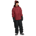 Man wearing black Volcom Longo Gore-Tex snowboard pants with cargo pockets, a red jacket, and black gloves.