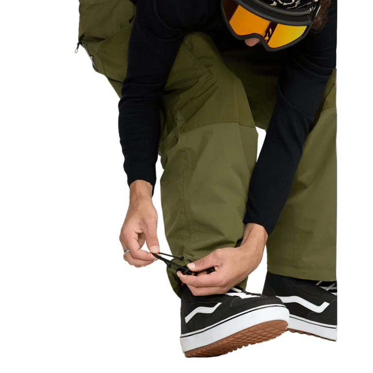 Olive green Volcom Longo Gore-Tex snowboard pants with adjustable bungee cord ankle cuffs.