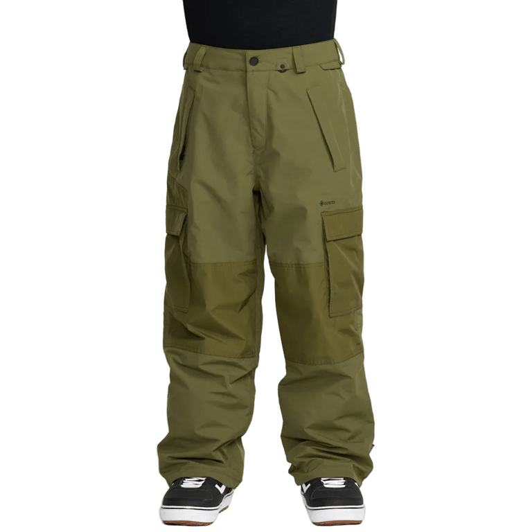 Olive green Volcom Longo Gore-Tex snowboard pants with cargo pockets and a relaxed fit, shown from the front.